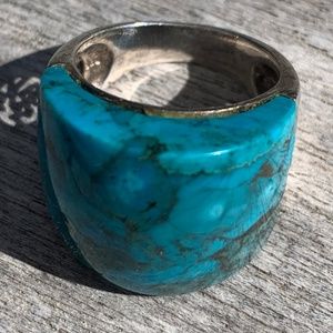 Gorgeous Rare Large Turquoise Silver Ring with Rhodium Size 7 Blue and Green